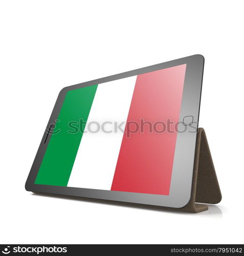 Tablet with Italy flag image with hi-res rendered artwork that could be used for any graphic design.. Shareholder word cloud on tablet