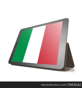 Tablet with Italy flag image with hi-res rendered artwork that could be used for any graphic design.. Shareholder word cloud on tablet