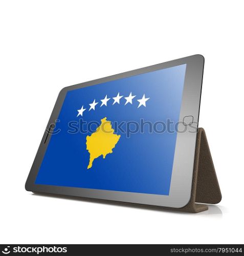 Tablet with Kosovo flag image with hi-res rendered artwork that could be used for any graphic design.. Shareholder word cloud on tablet