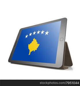 Tablet with Kosovo flag image with hi-res rendered artwork that could be used for any graphic design.. Shareholder word cloud on tablet