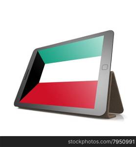 Tablet with Kuwait flag image with hi-res rendered artwork that could be used for any graphic design.. Shareholder word cloud on tablet