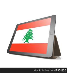 Tablet with Lebanon flag image with hi-res rendered artwork that could be used for any graphic design.. Shareholder word cloud on tablet