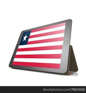 Tablet with Liberia flag image with hi-res rendered artwork that could be used for any graphic design.. Shareholder word cloud on tablet