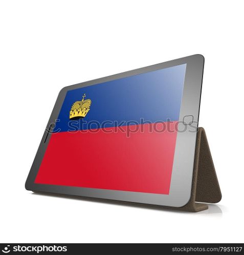 Tablet with Liechtenstein flag image with hi-res rendered artwork that could be used for any graphic design.. Shareholder word cloud on tablet