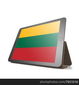 Tablet with Lithuania flag image with hi-res rendered artwork that could be used for any graphic design.. Shareholder word cloud on tablet