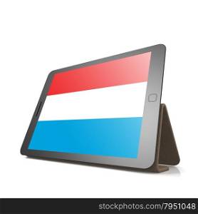 Tablet with Luxembourg flag image with hi-res rendered artwork that could be used for any graphic design.. Shareholder word cloud on tablet