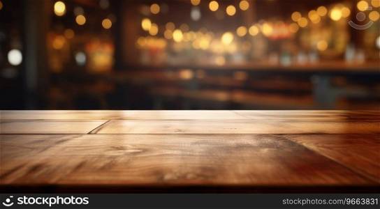 Tabletop or bar background blurry with empty wooden planks, There is space to place products.