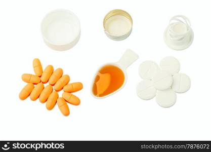 tablets and a syrup isolated on a white background
