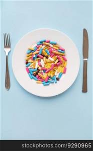 Tablets, capsules, vitamins and natural organic food supplements on a white plate on a blue background. Minimal modern pharmacy or healthcare concept. Vertical photo. Tablets, capsules, vitamins and natural organic food supplements on a white plate on a blue background. Minimal modern pharmacy or healthcare concept. Vertical photo.