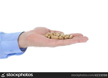 tablets in male hand. Isolated on white background