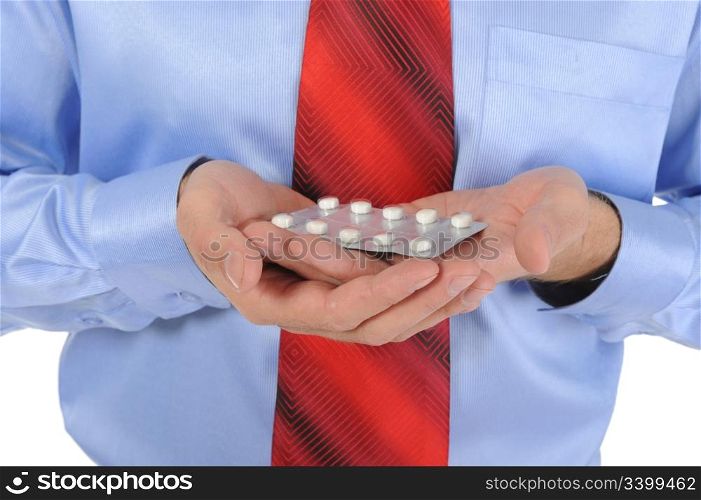 tablets in the hands of a businessman. Isolated on white background