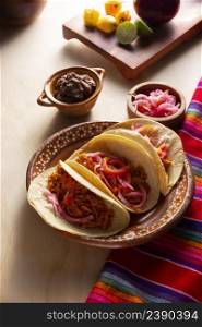 Tacos de Cochinita Pibil. Typical Mexican stew from Yucatan, made from pork marinated with achiote and generally accompanied with beans and red onion with habanero chili