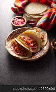 Tacos de Cochinita Pibil. Typical Mexican stew from Yucatan, made from pork marinated with achiote and generally accompanied with beans and red onion with habanero chili
