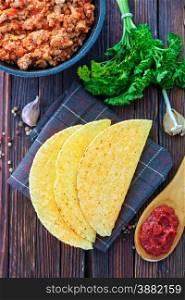 Tacos - in mexican yellow corn tortilla , empty tortilla