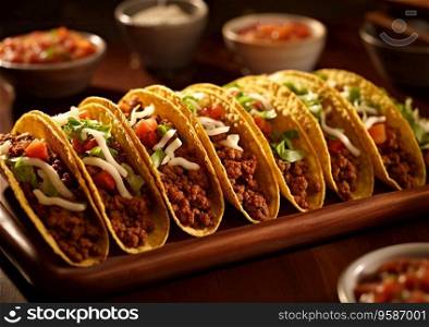 Tacos with minced beef and ve≥tab≤s and salsa sauce on wooden tab≤.AI Ge≠rative