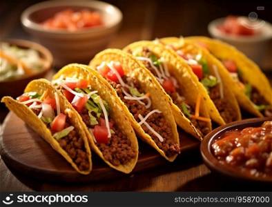 Tacos with minced beef and vegetables and salsa sauce on wooden table.AI Generative