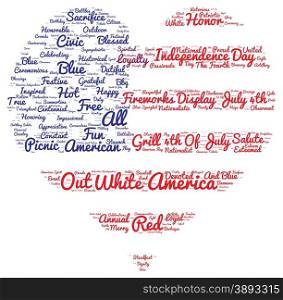 Tag cloud of 4th of july in the shape of flag in the heart