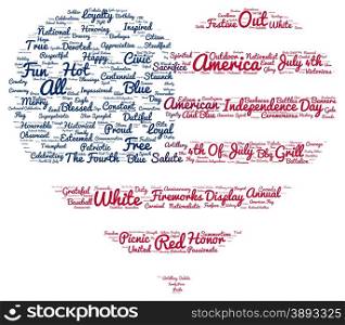 Tag cloud of 4th of july in the shape of flag in the heart