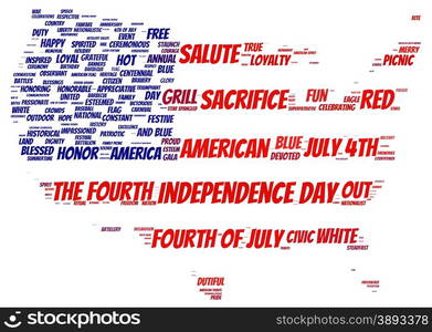 Tag cloud of 4th of july in the shape of flag inside the usa map