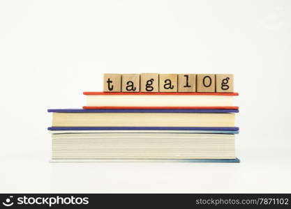 tagalog word on wood stamps stack on books, foreign language and translation concept