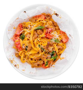 Tagliatelle pasta with grilled chicken fillet and tomatoes