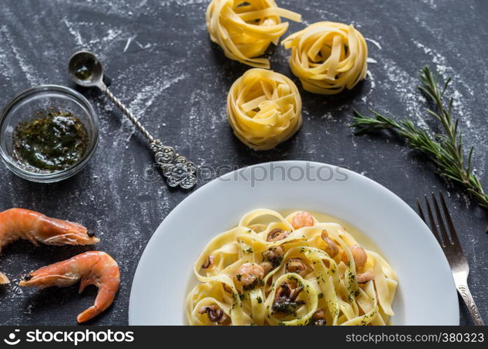 Tagliatelle pasta with seafood