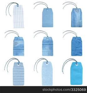Tags. Group of blue colour tags labels isolated over white background