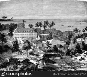 Tahiti. Government Palace. Barracks of marines. House of the former king, vintage engraved illustration. Journal des Voyages, Travel Journal, (1880-81).