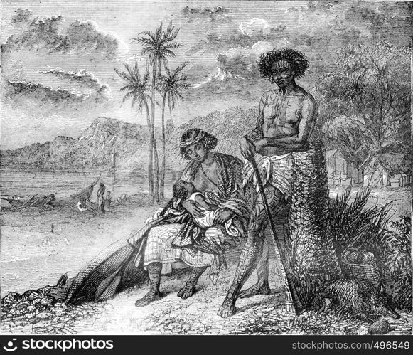 Tahitian family, vintage engraved illustration. Magasin Pittoresque 1841.