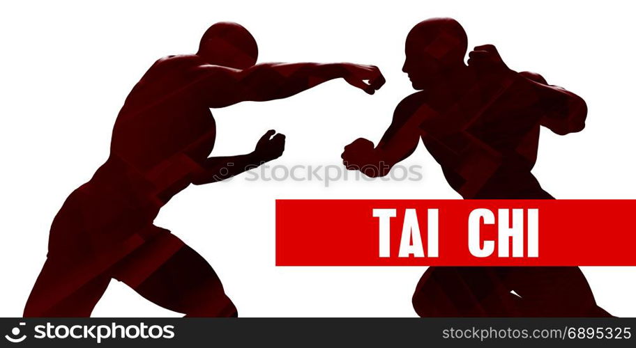 Tai chi Class with Silhouette of Two Men Fighting. Tai chi