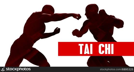 Tai chi Class with Silhouette of Two Men Fighting. Tai chi