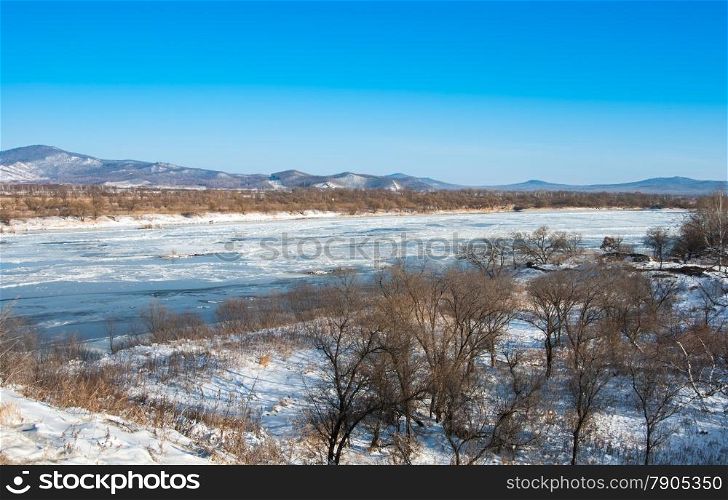 Taiga Bikin river in winter in the Far East