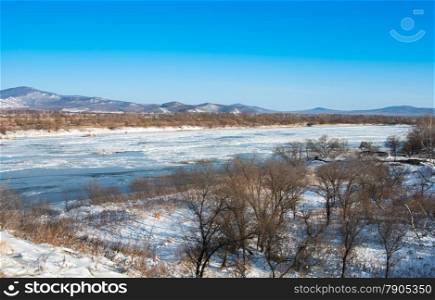 Taiga Bikin river in winter in the Far East