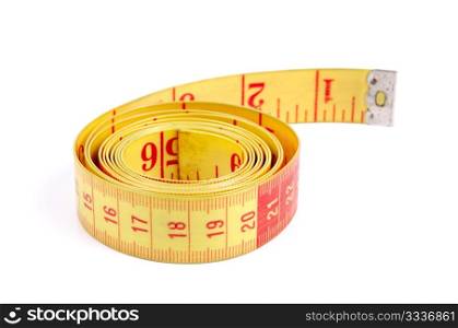 Tailor measuring tape with soft shadow on white background.