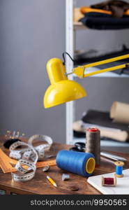 tailor or sewing accessories and supplies or tools, creative concept of clothes atelier