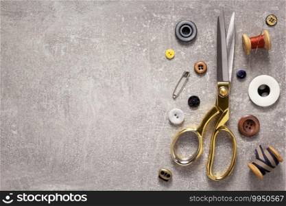 tailor or sewing accessories and supplies with tools, creative concept top view