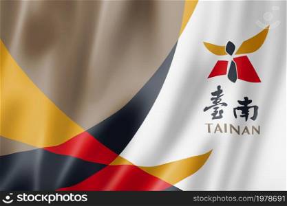 Tainan new city flag, China waving banner collection. 3D illustration. Tainan new city flag, China