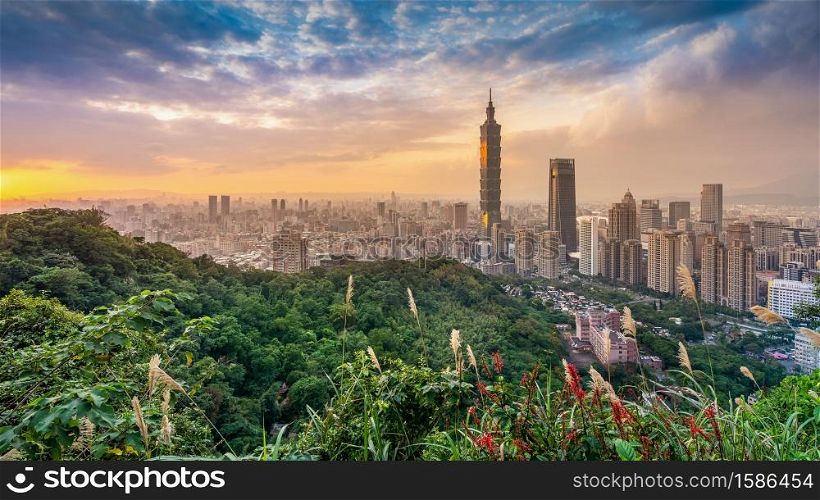 Taipei cityscape at sunset in Taiwan.