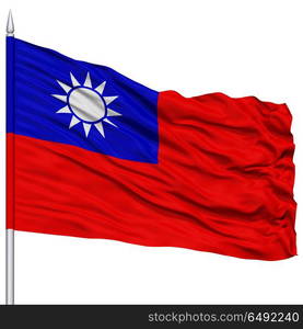 Taiwan Flag on Flagpole , Flying in the Wind, Isolated on White Background