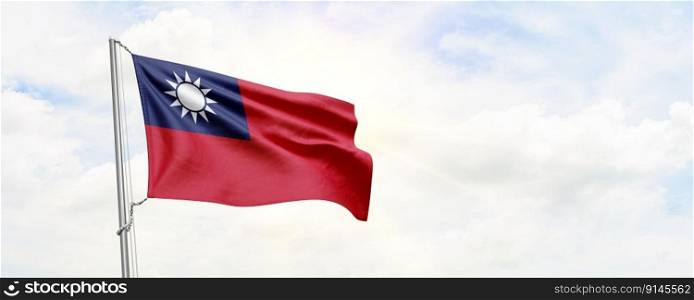 Taiwan flag waving on sky background. 3D Rendering