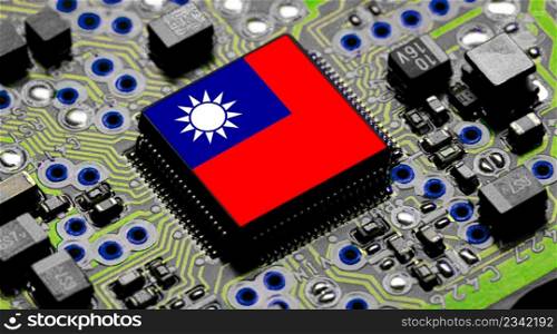 Taiwanese National Flag overlaid on PC micro chip on integrated circuit board
