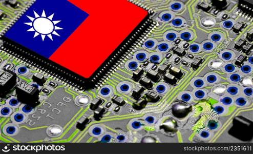 Taiwanese National Flag overlaid on PC micro chip on integrated circuit board