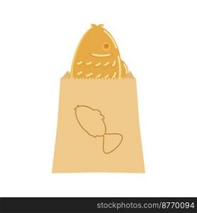 Taiyaki in the shape of a fish wrapped in a branded paper bag. Taiyaki shape of a fish, paper bag
