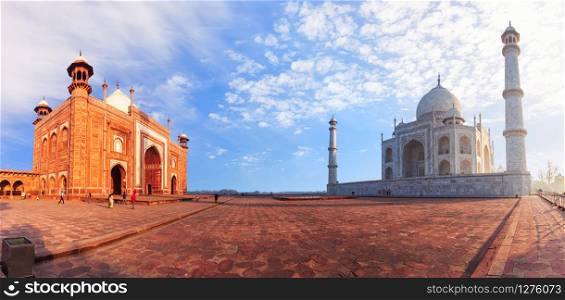 Taj Mahal and Kau Ban Mosque panorama, Agra, India.. Taj Mahal and Kau Ban Mosque panorama, Agra, India