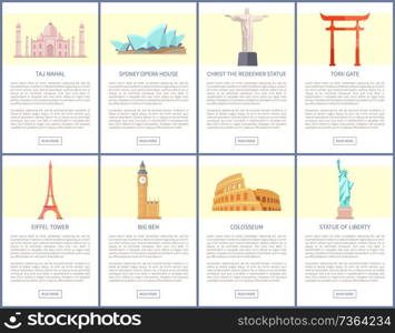 Taj Mahal and Sydney Opera House, web pages with Eiffel Tower, Big Ben, Colosseum in Italy, Statue of Liberty symbolizing freedom vector illustration. Taj Mahal Sydney Opera House Vector Illustration