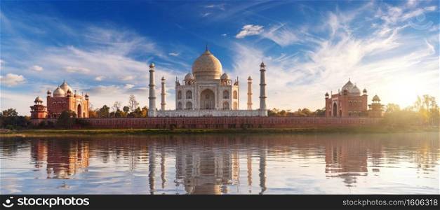 Taj Mahal at sunset and its reflection, place of visit in India, view from Mehtab Bagh, Agra, Uttar Pradesh.. Taj Mahal at sunset and its reflection, place of visit in India, view from Mehtab Bagh, Agra, Uttar Pradesh