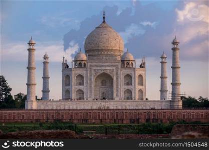 Taj Mahal during sunset and Yamuna river, in Agra , Uttar Pradesh, India