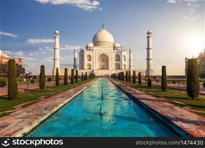 Taj Mahal in India, Agra, gorgeous landmark front view.. Taj Mahal in India, Agra, gorgeous landmark front view
