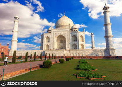 Taj Mahal in India, front view of the mausoleum under the clouds, Agra.. Taj Mahal in India, front view of the mausoleum under the clouds, Agra