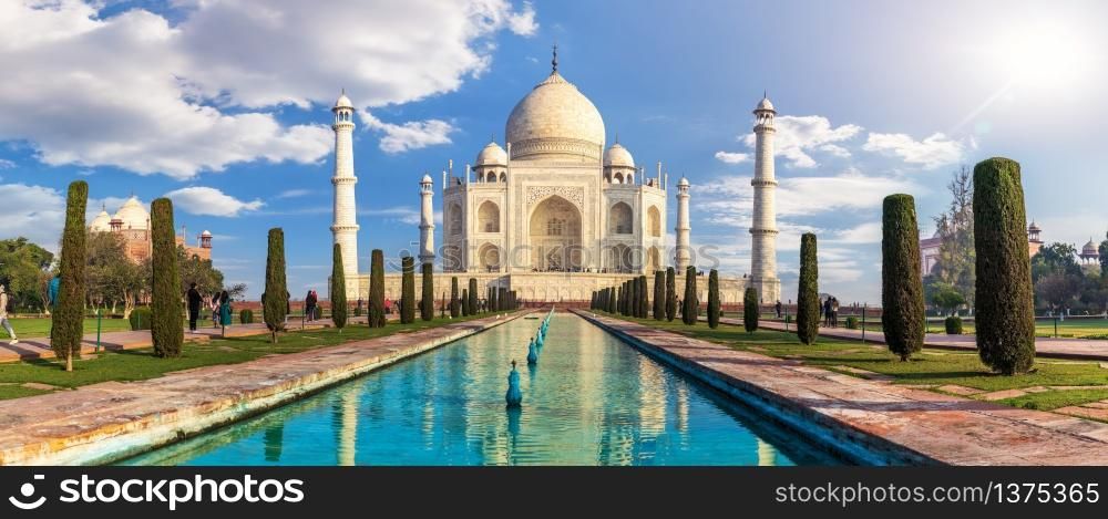 Taj Mahal in India, panoramic view, Agra, Uttar Pradesh.
